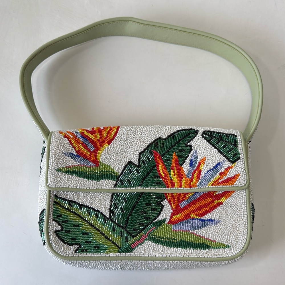Staud Bird of Paradise Beaded Shoulder Bag Bead White Green Tropical Floral - Picture 2 of 11